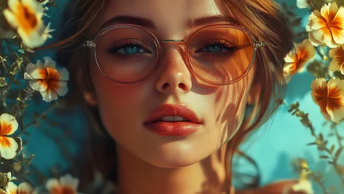 High-saturation portrait renders stylized face, lenses, and floral bokeh