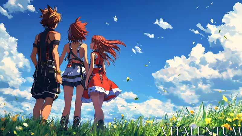 Three figures in anime style standing in a flowered field.