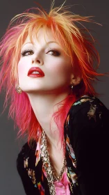 Portrait of woman with spiked orange and pink hairstyle.