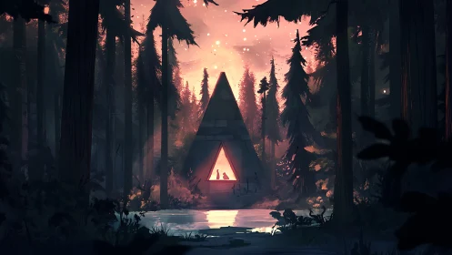 Illuminated tent structure sheltering figures within forest landscape.