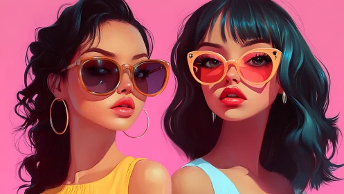 Stylish girls in retro sunglasses against bold pink backdrop.