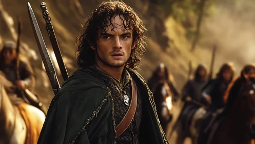 Cloaked swordsman leads mounted warriors through dusty forest