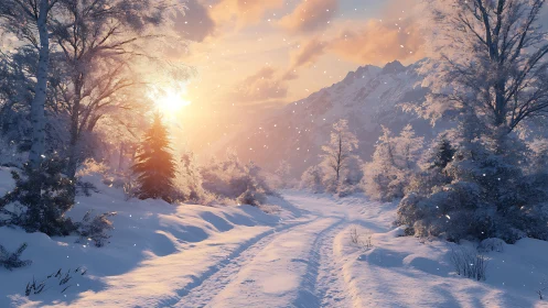 Golden winter sunrise welcomes a peaceful snowy forest path