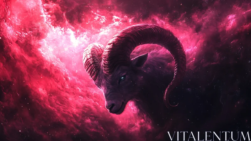 Celestial ram head glows within vivid crimson nebula.