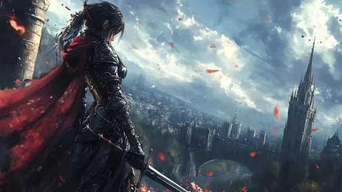 Armored warrior overlooks vast medieval city from tower.