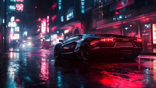 Supercar on neon soaked night street in heavy rain.