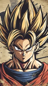 Spiky haired anime warrior portrait on distressed ground.