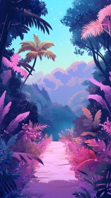 Neon dusk jungle path renders atmospheric bioluminescent foliage