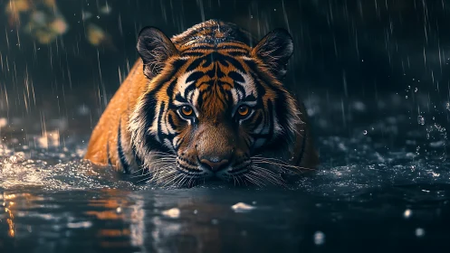 Tiger in shallow water under rainfall at nighttime.