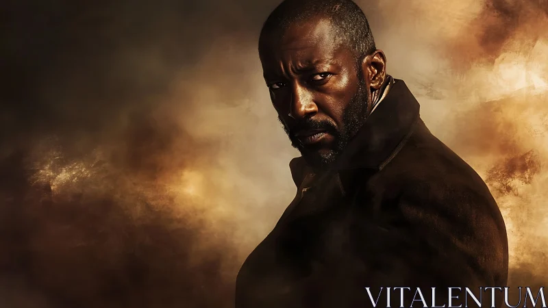 Serious man in coat looks back against smoky backdrop