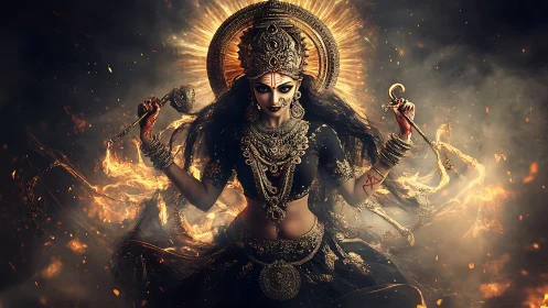 Radiant warrior goddess rising through swirling golden fire.