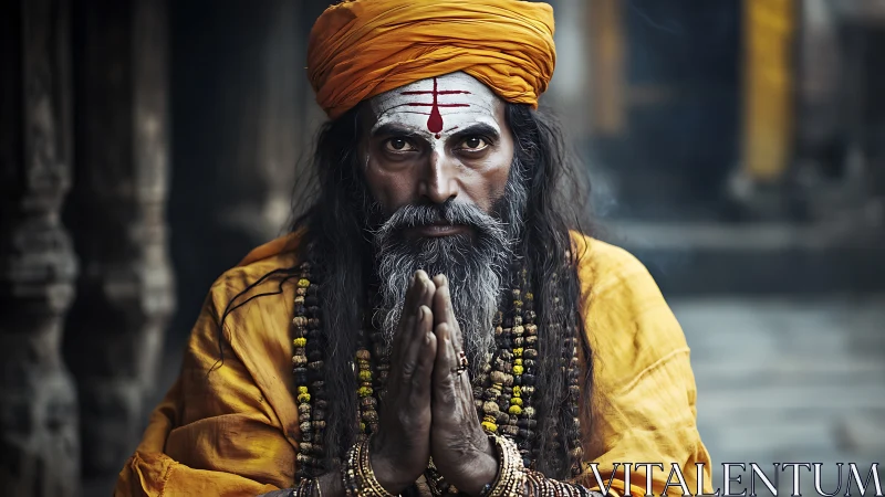 Man in saffron garments faces camera with hands joined