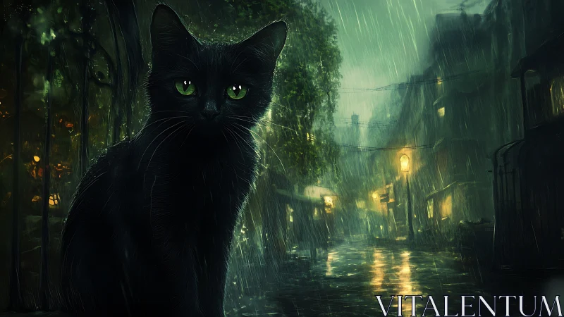 Black Cat With Luminous Eyes Dominates Rain-Soaked Gothic Alley