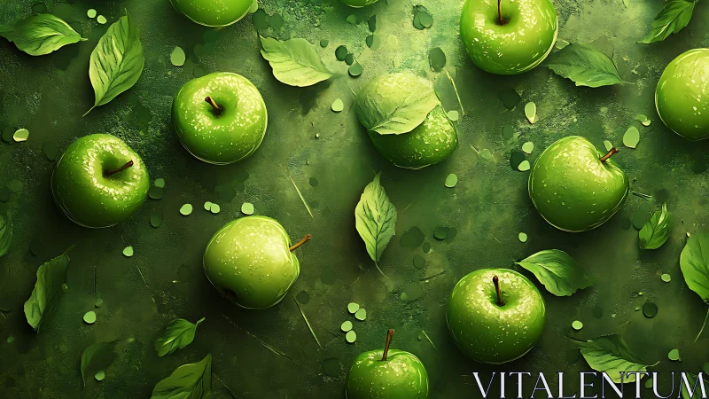 Glossy green apples rest on a lush painterly backdrop