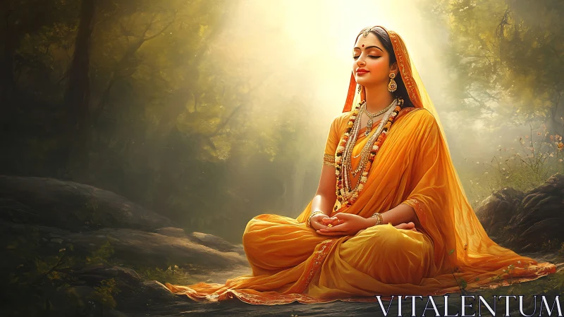 Woman in traditional attire meditating in sunlit forest.