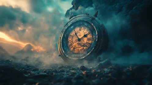 Cinematic 3D timepiece relic in apocalyptic smoke field.