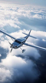 Single engine airplane cuts through bright layered cloudscape