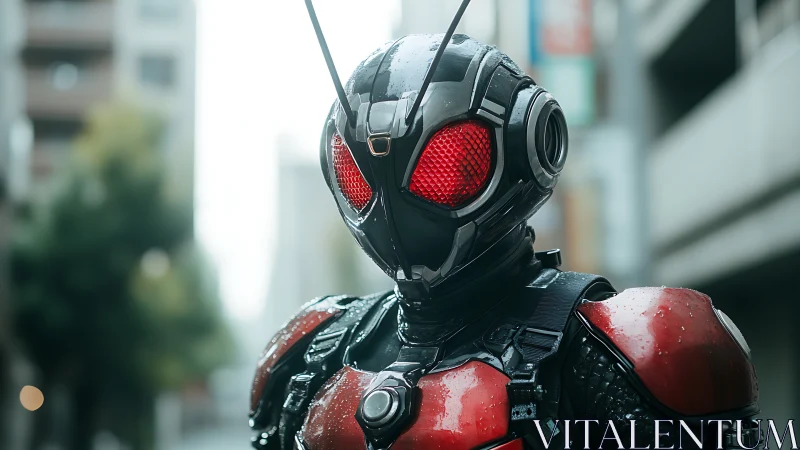 Armored insect-themed hero in city street after rainfall.