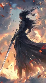 Shadow knight stands against burning skies in fierce resolve