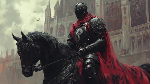 Midnight skull-knight rides beneath the ashfall cathedral.