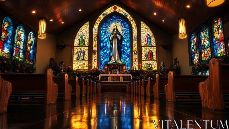 Illuminated church nave with Marian stained glass focal point.