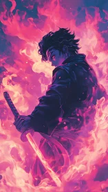 Fiery anime swordsman stands strong in swirling pink flames
