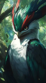 Majestic emerald phoenix hawk in luminous forest canopy.