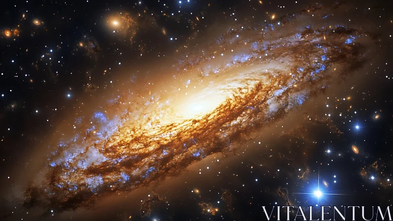 Spiral galaxy blazes with golden light in a star crowded void
