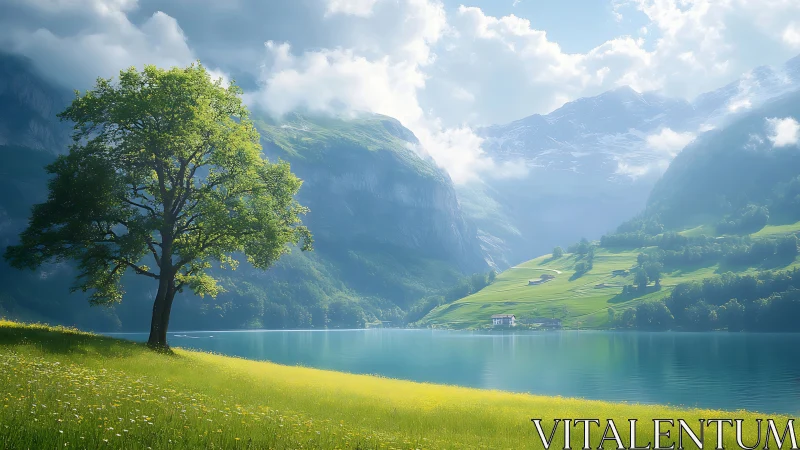 Lone lakeside tree overlooks misty alpine valley lake