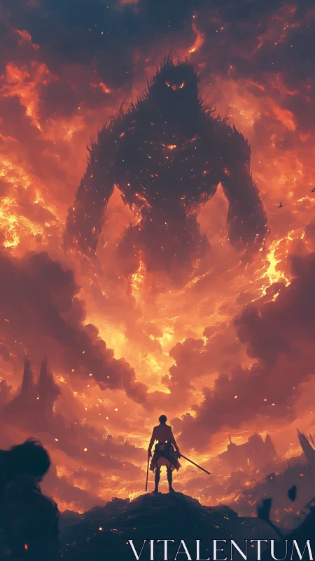 Lone swordsman confronts colossal fire titan in apocalyptic sky