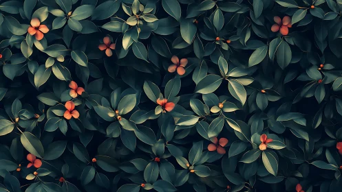 Dark green foliage fills frame with scattered orange flowers