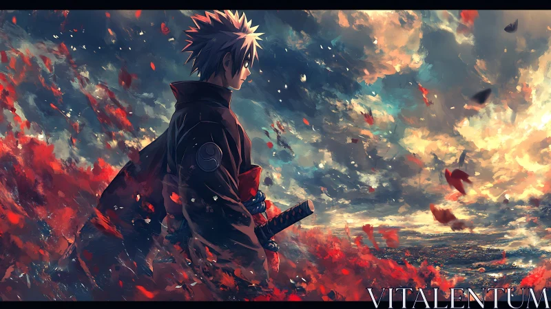 Sword-bearing anime sentinel in turbulent chromatic stormscape.