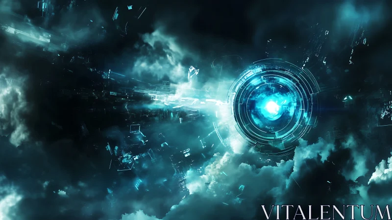 Celestial data vortex swirling through stormlit clouds.