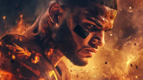 Photorealistic fiery athlete portrait with cinematic lighting.