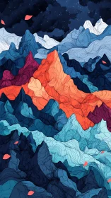 Chromatic mountain waves blazing beneath a midnight sky.