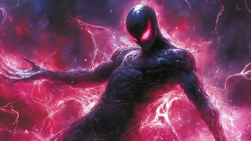 Dark humanoid figure is centered amid luminous red energy