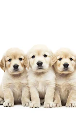 High-key portrait of three golden retriever puppies front-facing