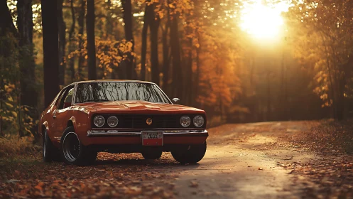 Vintage orange coupe on forest road in autumn light.