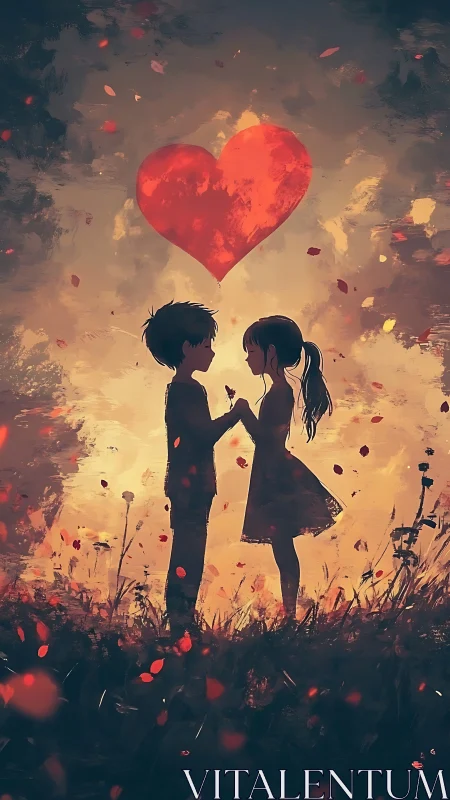 Two figures holding hands beneath giant glowing red heart.