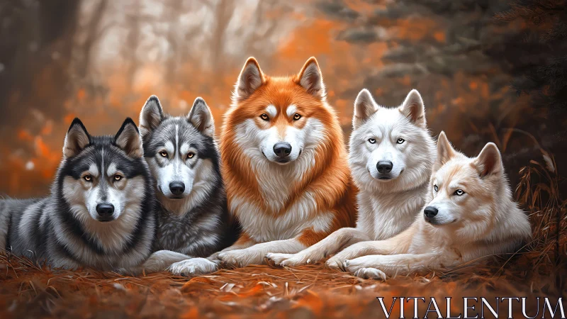 Autumn forest pack of huskies rests in soft golden light.