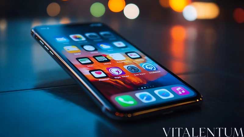 Smartphone with vibrant app icons illuminated in bokeh ambiance.