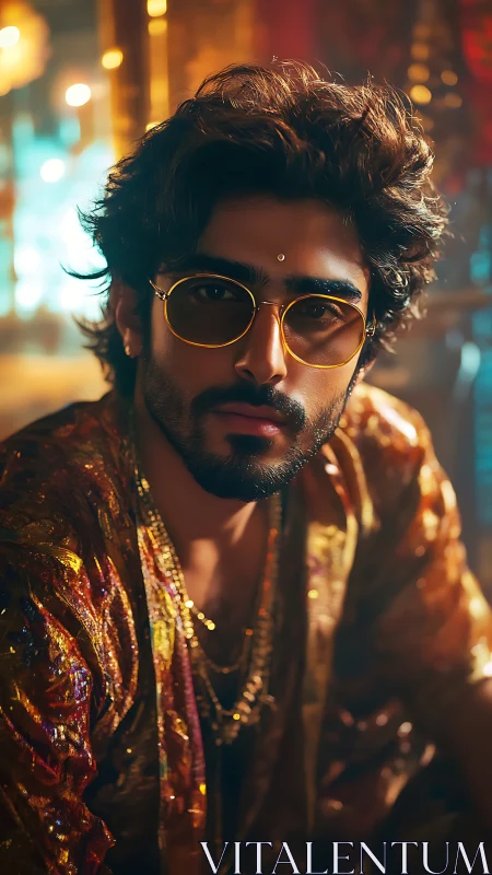 Man in gold patterned jacket with yellow glasses at night.