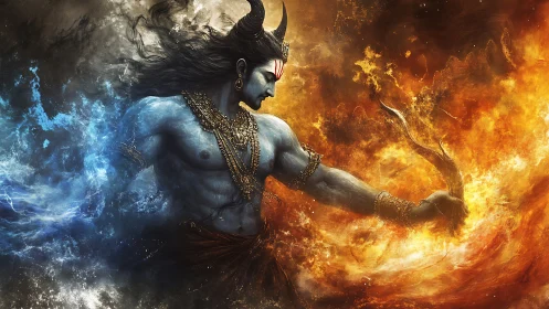 Mythic blue deity amid swirling fire and water forces.