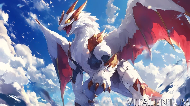 Armored white dragon with red wings dominates dynamic sky perspective