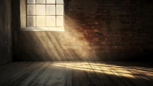 Sunlit window casting rays across empty brick room.