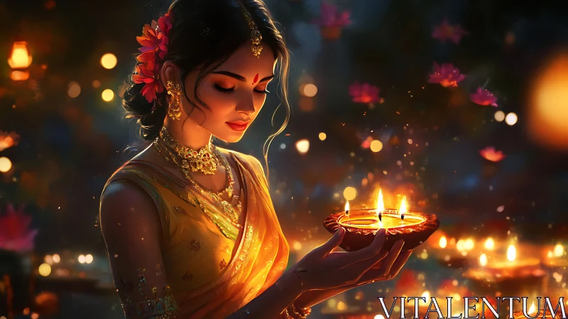 Digital rendering of woman holding diya with complex warm lighting