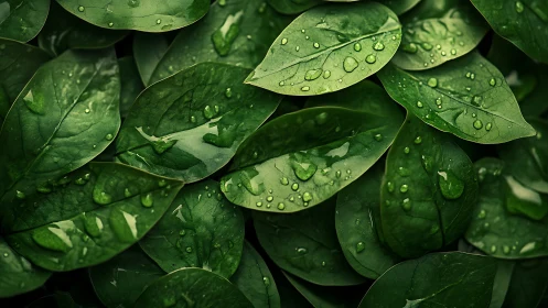 Green leaves covered in fresh raindrops, close-up view.