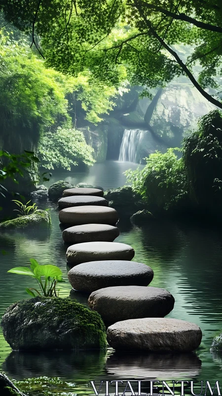 Stone path crosses tranquil forest pool toward waterfall.