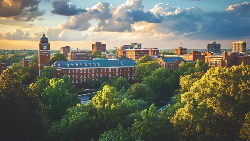Red brick campus buildings rise above dense green tree canopy