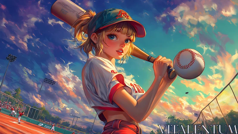 Sunlit anime batter poised with bat under cinematic sky.